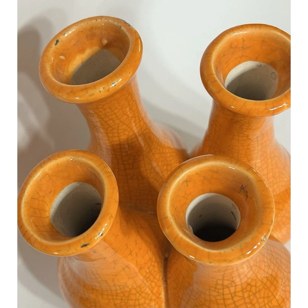 Vintage 70s Bud Vase Crackled Orange Glaze Ceramic 4 Chamber MCM Decor 7x6.5